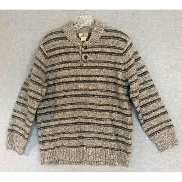 LL Bean Lambs Wool Sweater Mens Large Green Gray Striped Knit‎ Ribbed Pullover - Picture 1 of 7